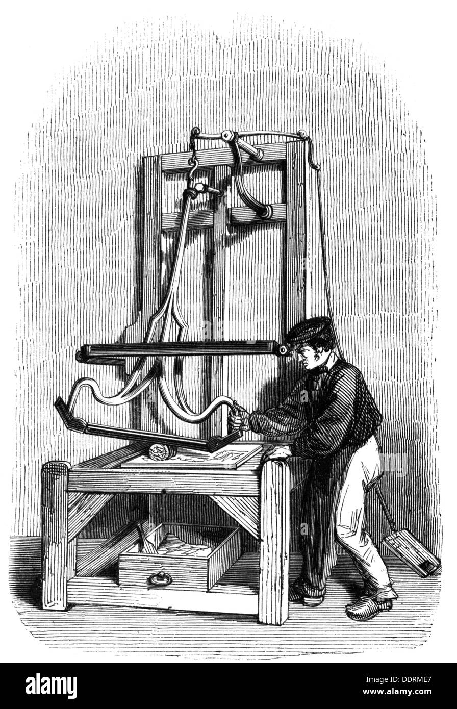 industry, tools, needles, production, straightening the wire, wood engraving, 'Magasin pittoresque', Paris, circa 1865, Additional-Rights-Clearences-Not Available Stock Photo