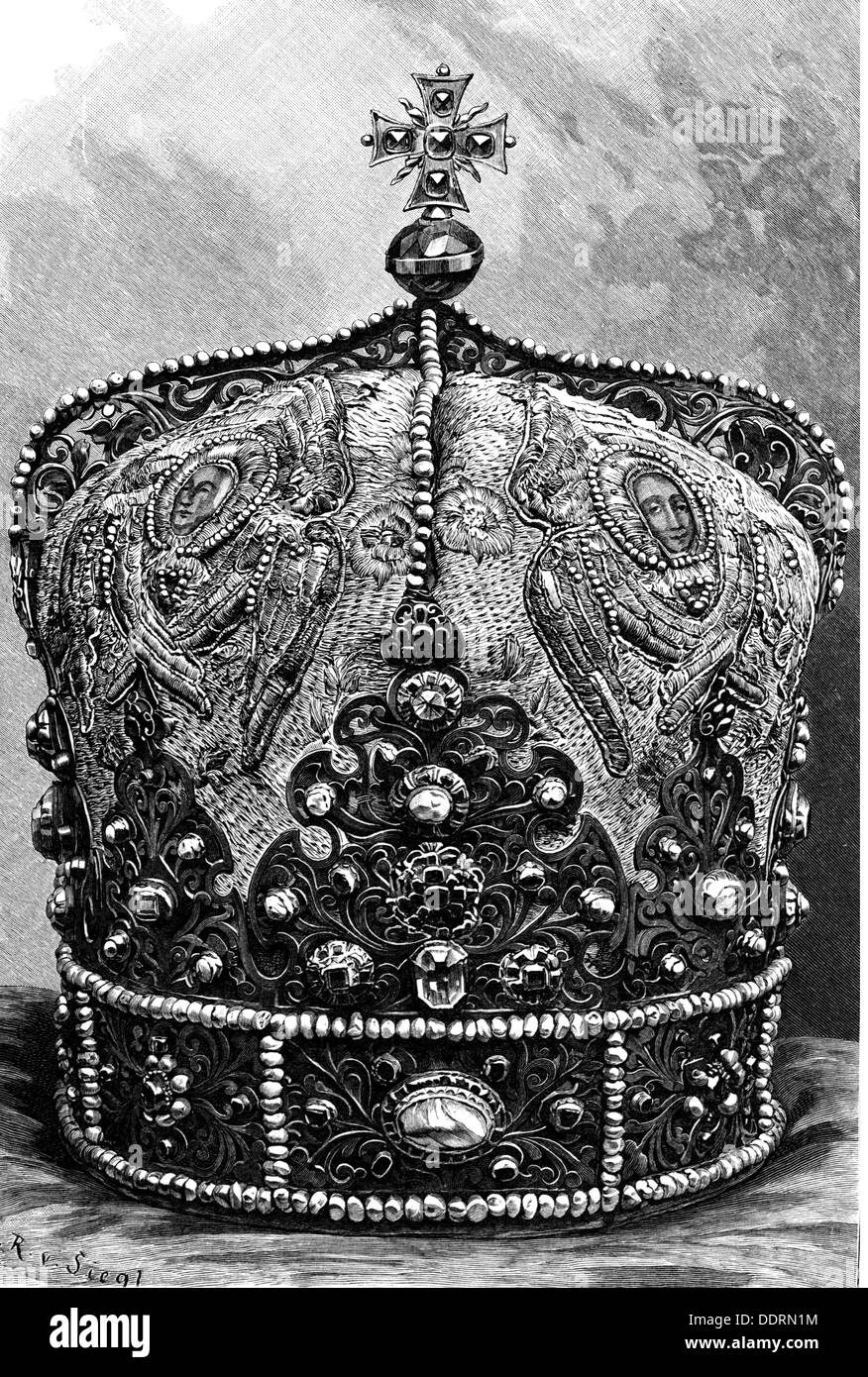 crowns / crown jewels,Russia,Episcopal mitre of Przemysl,supposed crown of king Daniel I of Galicia(1201 - 1264),1253,brush drawing by Karl Ritter von Siegl,before 1898,13th century,19th century,graphic,graphics,Middle Ages,medieval,mediaeval,Galicia,royal crown,royal crowns,gemstone,gem,gems,gemstones,precious stone,precious stones,jewel,jewels,jewellery,jeweled,jeweling,cross,crosses,religion,religions,Christianity,angel,angels,reign,symbol,symbols,Daniel Romanovych,Dnylo Halytskyi,mitre,miter,bishop's cap,crown,cr,Additional-Rights-Clearences-Not Available Stock Photo