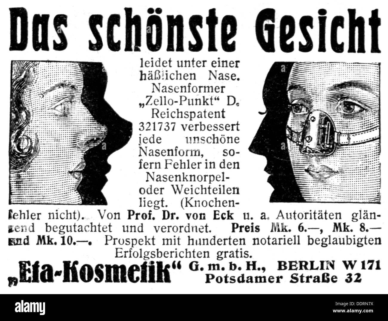 advertising, cosmetics, 'Zello-Punkt' nose shaper, 'Efa-Kosmetik', Berlin, advertisement, 1925, Additional-Rights-Clearences-Not Available Stock Photo