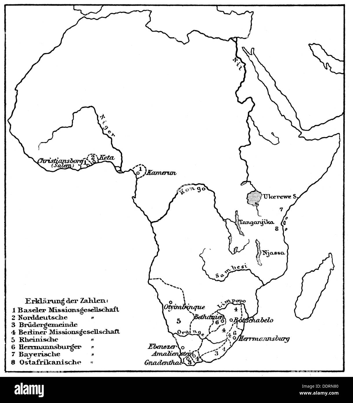 cartography, thematic map, territories of German mission in Africa, 1: Basel missionary society, 2: North German missionary society, 3: Brethren assembly, 4: Berlin missionary society, 5: Rhenish missionary society, 6: Bavarian missionary society, 7: East African missionary society, wood engraving, late 19th century, mission, missions, religion, religions, Christianity, Nile, congo, Niger, river, rivers, continent, continents, proseltyting, Germany, German Empire, Imperial Era, cartography, map printing, map, maps, historic, historical, Additional-Rights-Clearences-Not Available Stock Photo