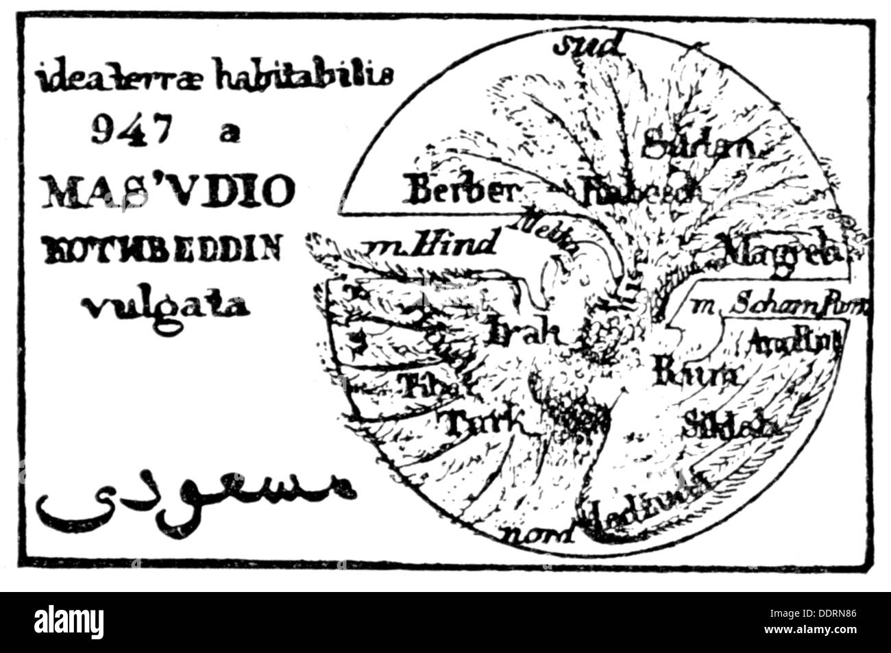 cartography, world maps, world map after the 'Meadows of Gold and Mines of Gems' of Abu al-Hasan Ali al-Husayn Al-Mas'udi, Egypt, 10th century, wood engraving, 19th century, Additional-Rights-Clearences-Not Available Stock Photo