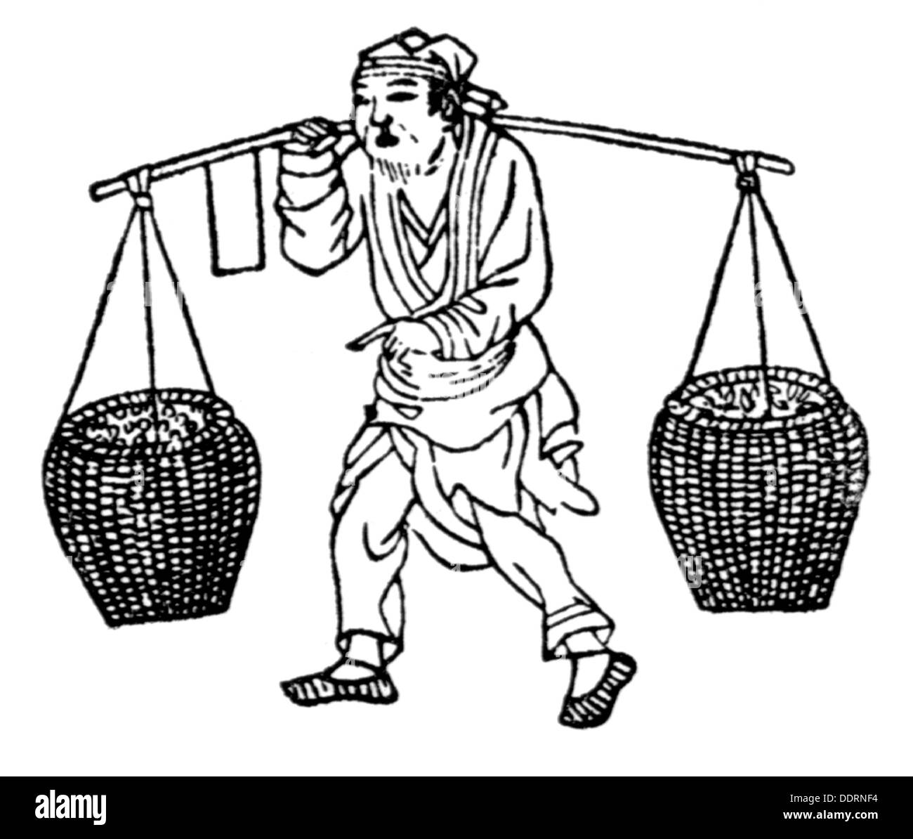 agriculture, rice growing, rice farmer transports rice in baskets, wood engraving after Japanese illustration, 19th century, Japan, carrying, carry, basket, baskets, pole, poles, shoulder, shoulders, Japanese, rice farmer, farmer, farmers, people, men, man, working, agricultural work, farm labour, farm labor, Asia, food, foodstuff, agriculture, farming, transport, transporting, historic, historical, Additional-Rights-Clearences-Not Available Stock Photo