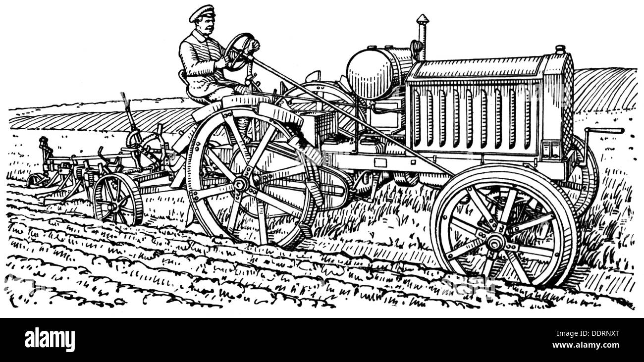 agriculture, machines, motor plough with Pöhl tractor, wood engraving, early 20th century, 20th century, graphic, graphics, agriculture, farming, machine, machines, agricultural work, farm labour, farm labor, field, fields, ploughs, plows, plow, ploughing, plowing, motor plough, motor tractor, prime mover, motor tractors, prime movers, tractor, tractors, mechanization, technology, engineering, technologies, technics, progress, historic, historical, people, 1900s, 1910s, Additional-Rights-Clearences-Not Available Stock Photo