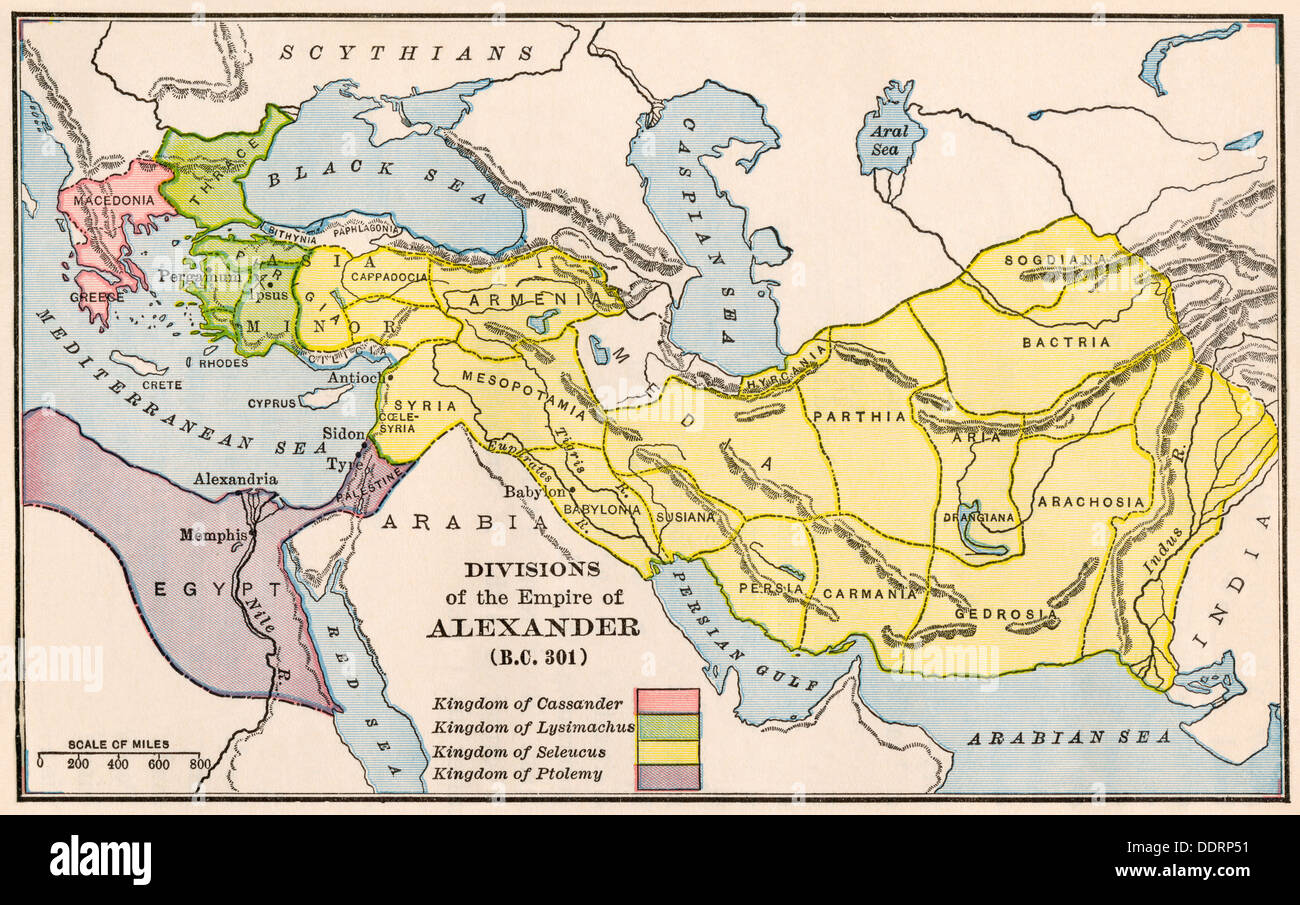 Map Of Greek Empire After Alexander The Great Map Showing The Divisions Of The Empire Of Alexander The Great After His  Death. Color Lithograph Stock Photo - Alamy