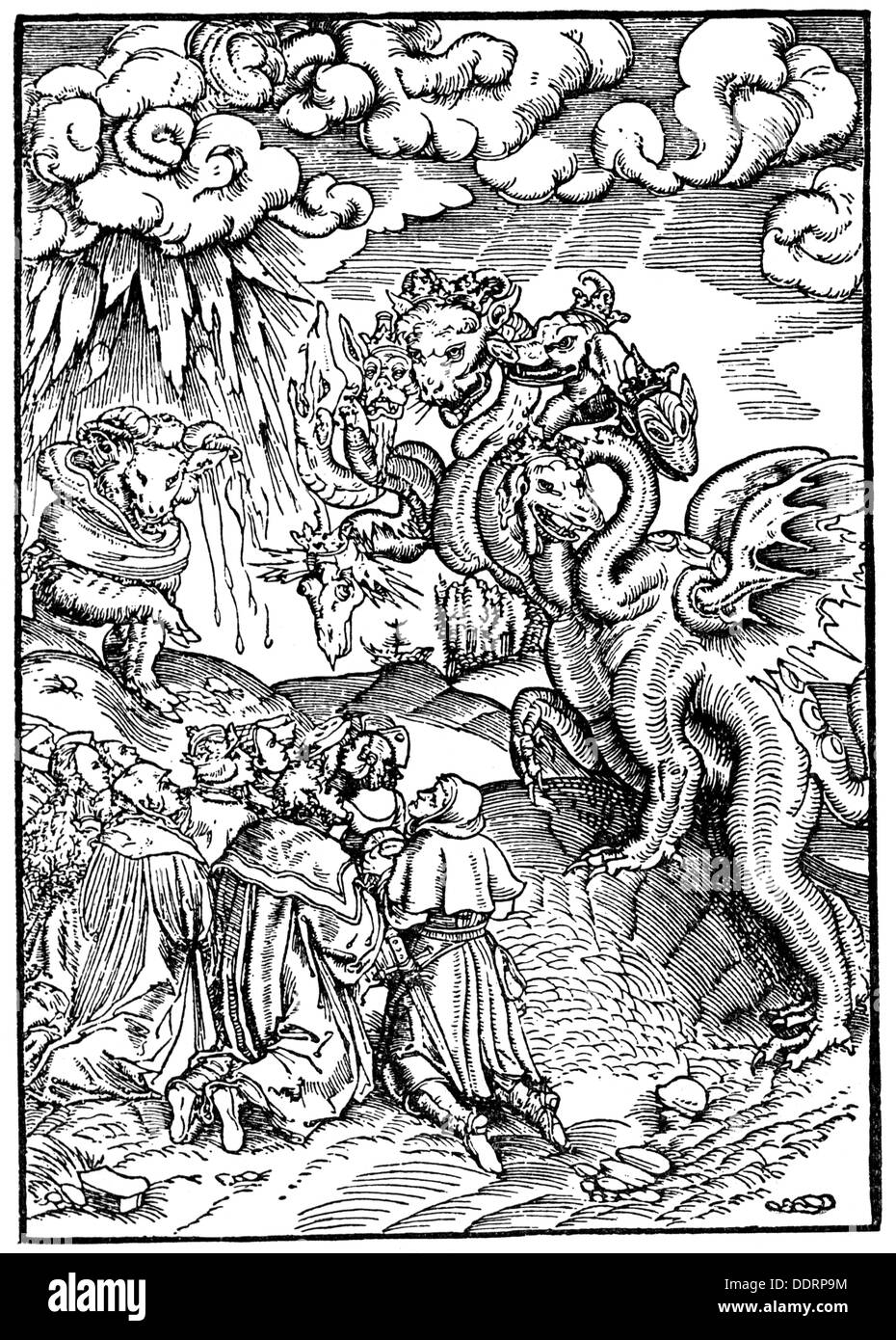 literature, Bible, September Bible, Book of Revelation, the seven-headed beast, woodcut by Lucas Cranch the Elder (circa 1475 - 1553), print: Melchior Lotter, Wittenberg, 1522, Additional-Rights-Clearences-Not Available Stock Photo