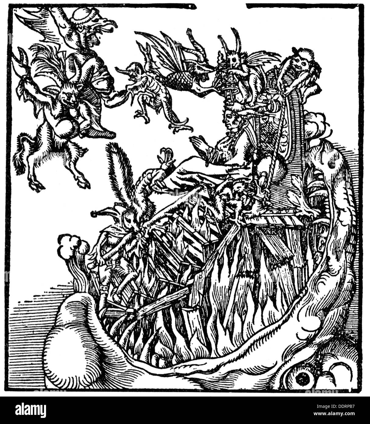 Reformation, 1517 - 1555, caricature of the Pope put on his throne by devils, woodcut, from: Martin Luther, 'Wider das Papsttum zu Rom vom Teufel gestiftet', Wittenberg, 1545, Additional-Rights-Clearences-Not Available Stock Photo