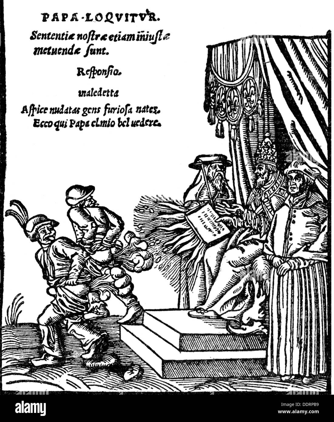 Reformation 1517 - 1555,caricature of ban and kiss on the feet of the Pope,woodcut,Wittenberg,1545,16th century,graphic,graphics,religion,religions,Christianity,Reformation,Protestantism,humor,humour,satire,polemic,polemics,propaganda,Catholic Pope,Pontiff,Popes,papacy,throne,thrones,ban,bans,kiss on the feet,Paul III,cardinal Otto Truchsess von Waldburg,cardinal Albert of Mainz,disrespect,opposition,insurgency,rebellion,insurgencies,revolts,rebellions,in revolt,farts,fart,farting,flatulate,flatulating,caricature,car,Additional-Rights-Clearences-Not Available Stock Photo