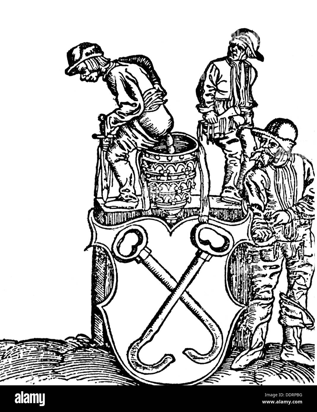 Reformation 1517 - 1555, caricature of the Papal coat of arms, woodcut, Wittenberg, 1545, 16th century, graphic, graphics, religion, religions, Christianity, Reformation, Protestantism, humor, humour, satire, polemic, polemics, propaganda, Catholic Pope, Pontiff, Popes, papacy, coat of arms, tiara, disrespect, opposition, insurgency, rebellion, insurgencies, revolts, rebellions, in revolt, bowel movement, defecation, defaecation, excretion, extretion, excretions, caricature, caricatures, woodcut, woodcuts, historic, historical, male, man, men, people, Additional-Rights-Clearences-Not Available Stock Photo