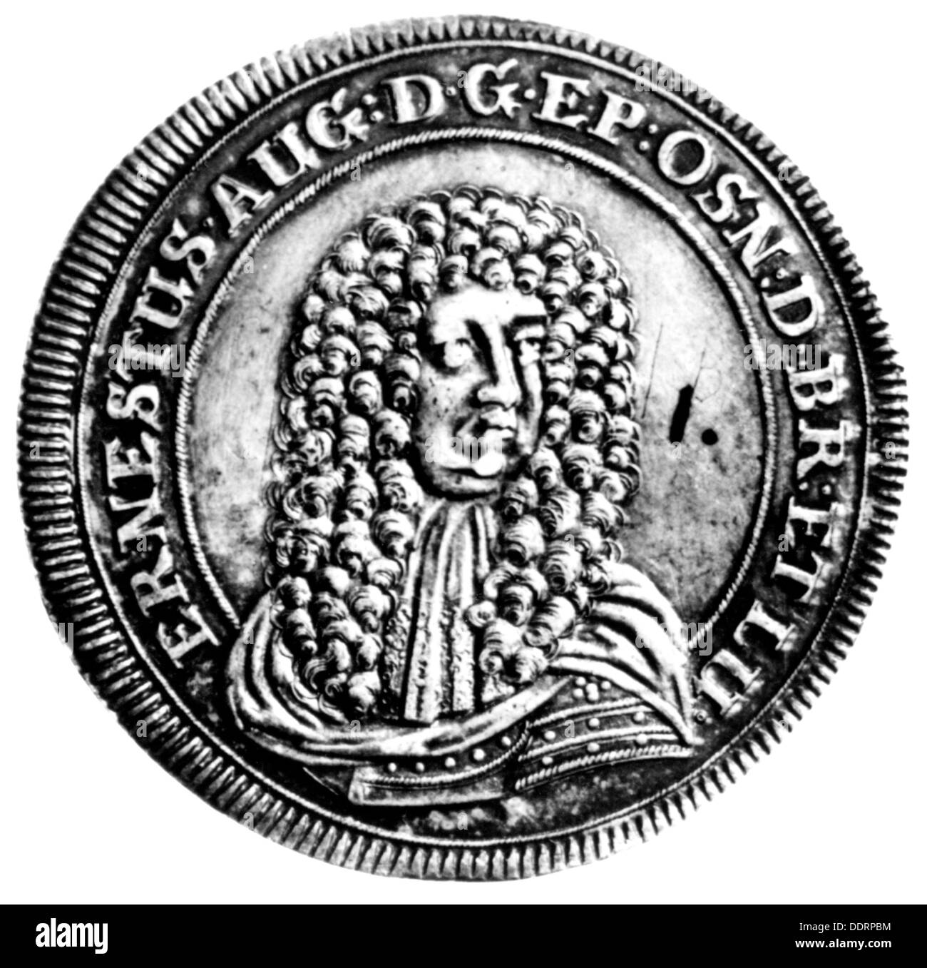 Ernest Augustus I, 30.11.1629 - 2.2.1698, Prince-Elector of Hanover 19.12.1692 - 2.2.1698, portrait on a coin, Taler, silver, Clausthal, 1682, Stock Photo