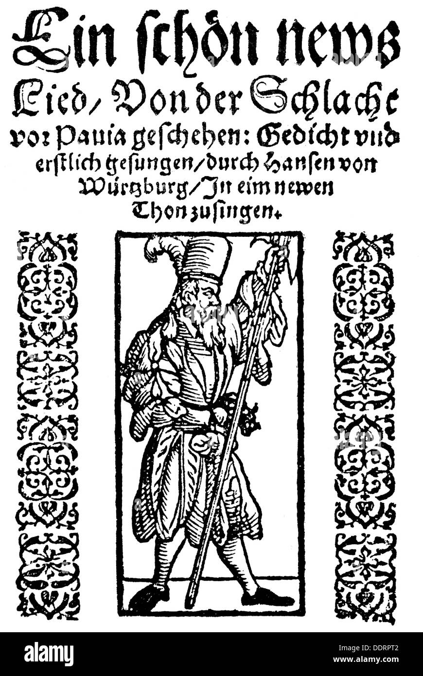 military, lansquenets, 'Ein schön news Lied Von der Schlacht von Pavia geschehen' (A Beautiful New Song about the Battle of Pavia), title page, woodcut, print: Michael Manger (+ 1603), Augsburg, 16th century, Additional-Rights-Clearences-Not Available Stock Photo