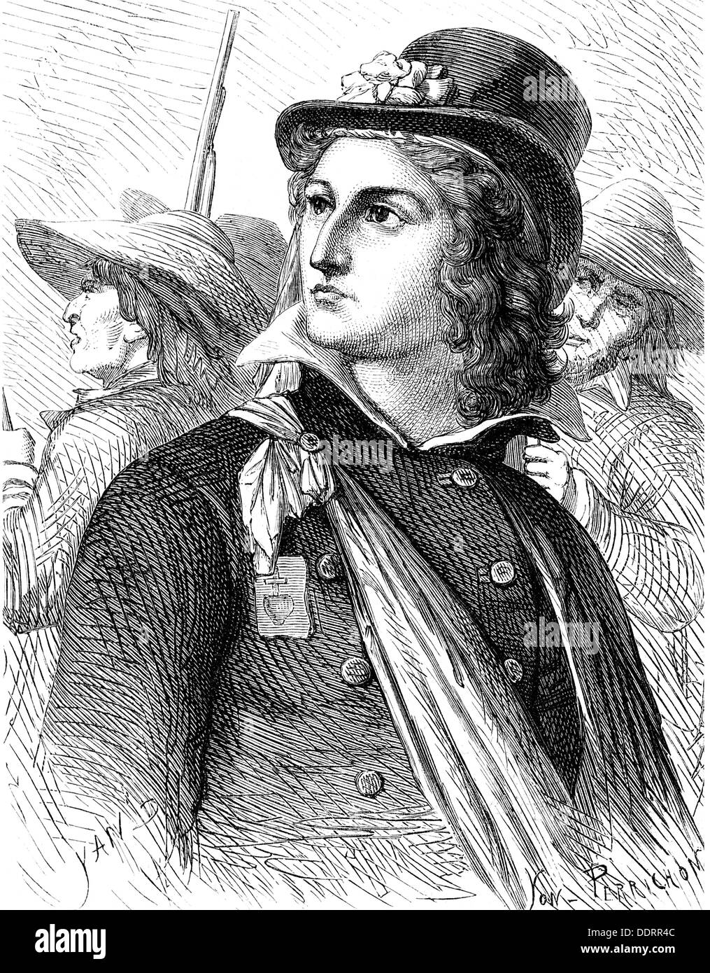Rochejaquelein, Henri de la, 30.8.1772 - 26.1.1794, French general, commander of the Royal and Catholic Armies, half length, wood engraving, 19th century,  , Stock Photo