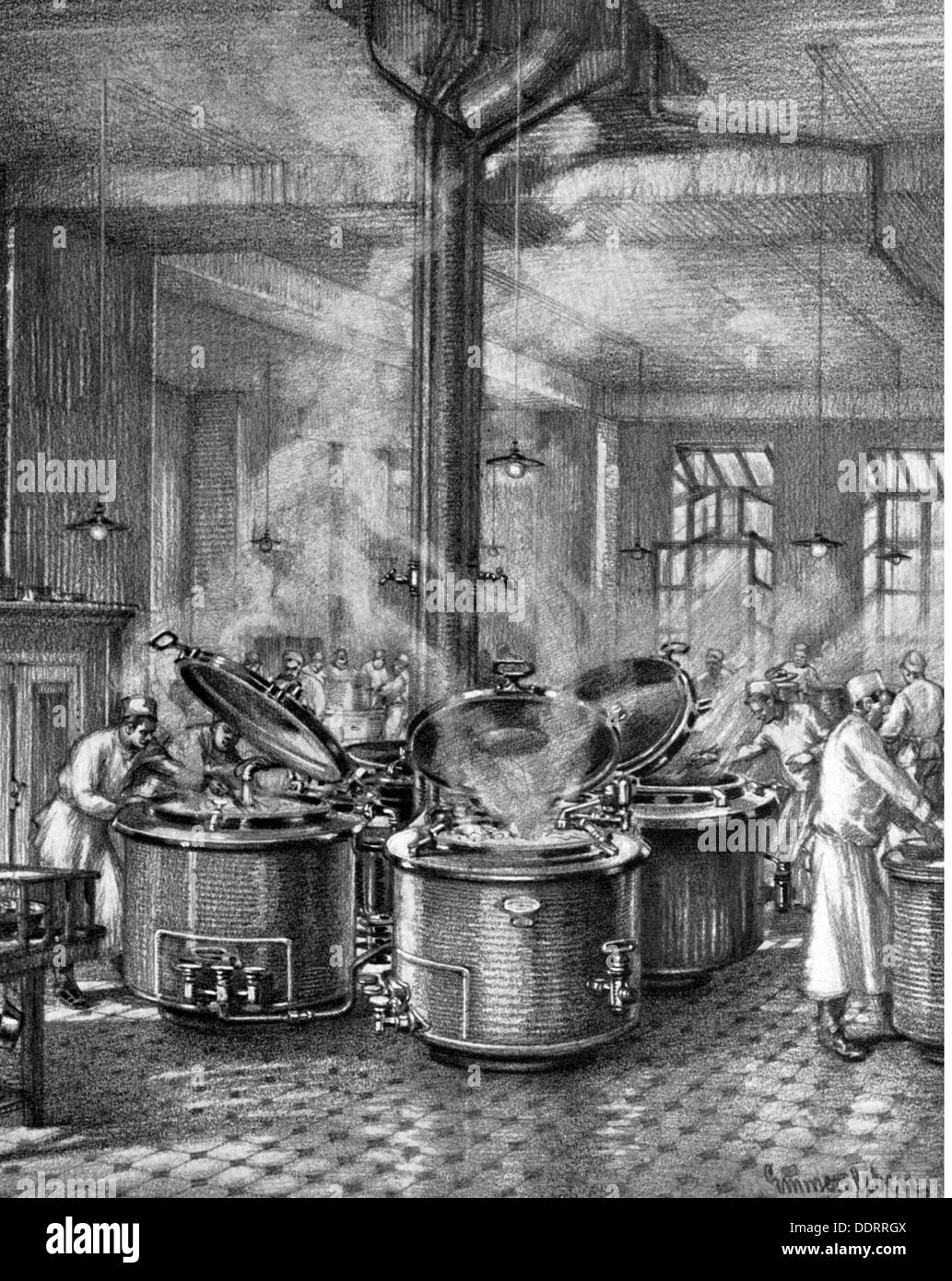 gastronomy, kitchen, wine restaurant 'Kempinski', Berlin, equipped with gas cooking pots by F.Küppersbusch & Söhne AG, Gelsenkirchen, drawing by W.Emmersleben, circa 1910, Additional-Rights-Clearences-Not Available Stock Photo