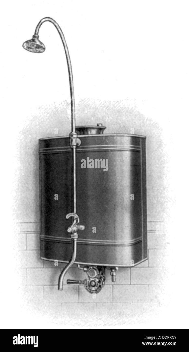 bathing, bathroom, gas bath boiler, drawing, circa 1910, Additional-Rights-Clearences-Not Available Stock Photo
