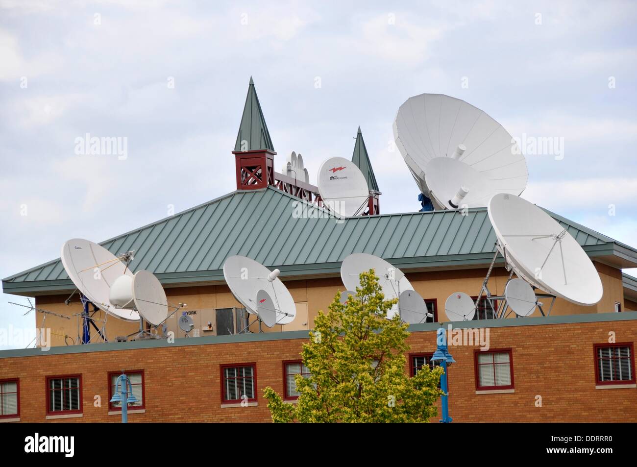 Satellite receivers on television station building in Downtown area of