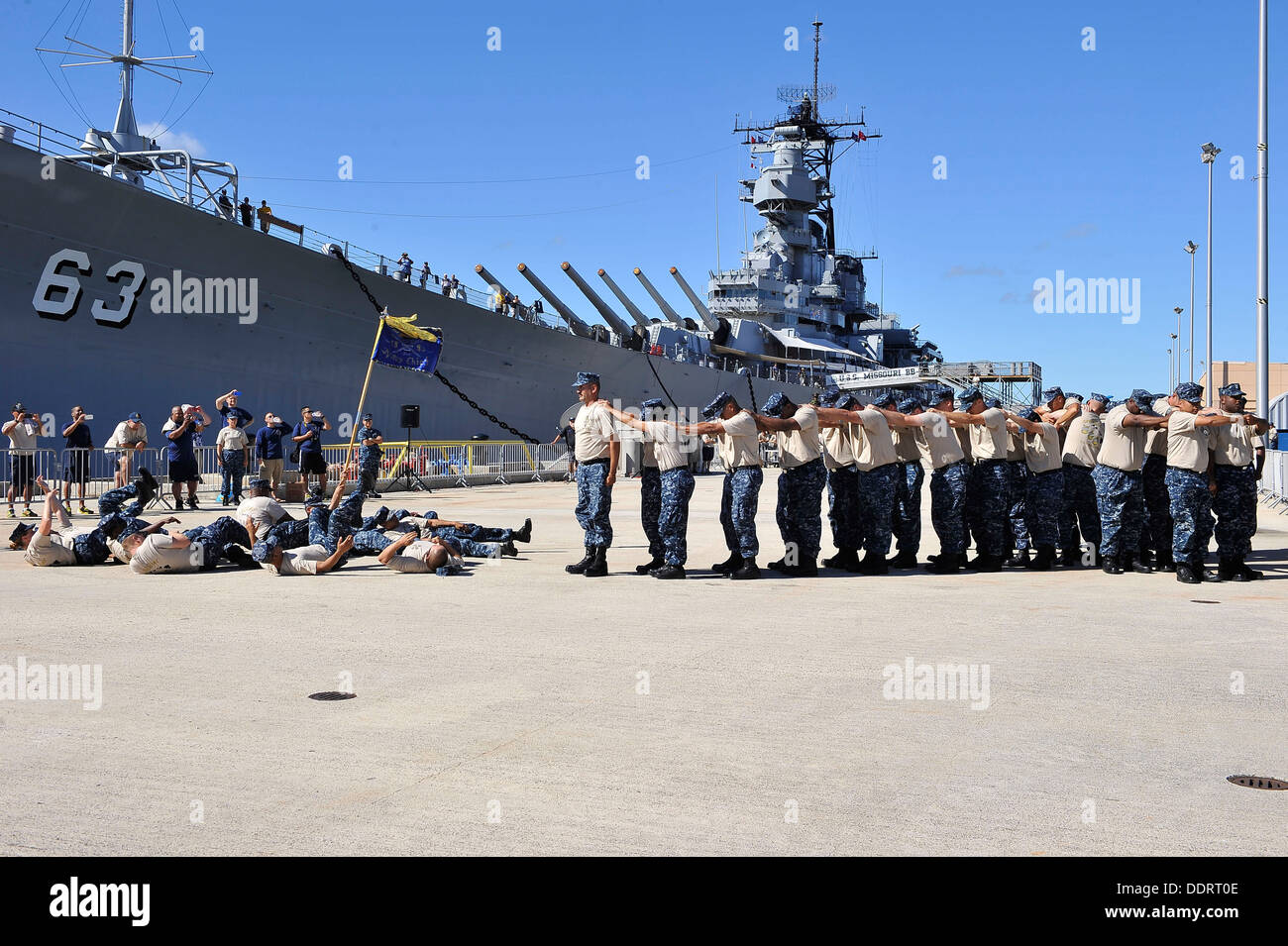 Chief Selectees from various commands around Navy Region Hawaii participate in the Inaugural Chief Petty Officer (CPO) Pride Day Hawaii Marching and Cadence Competition, at the Battleship Missouri Memorial located on Ford Island, Joint Base Pearl Harbor-H Stock Photo