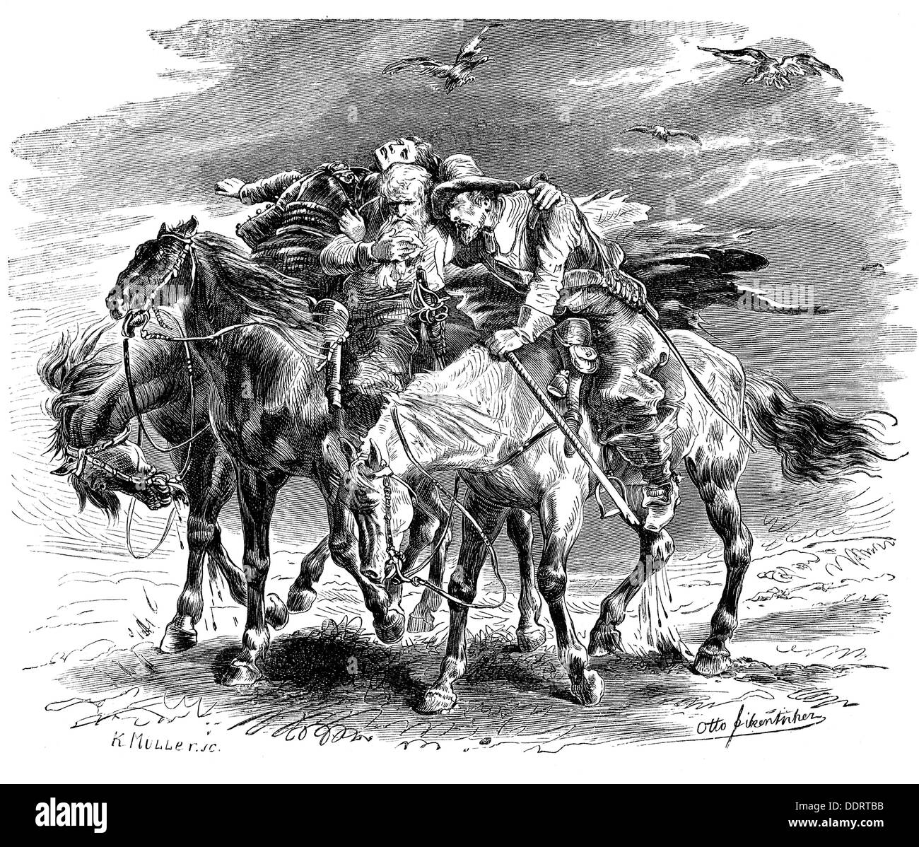 Geibel, Emanuel, 17.10.1815 - 6.4.1884, German author / writer, oevre, 'Die drei Reiter' (The Three Horsemen), after drawing by Otto Fikentscher (1862 - 1945), wood engraving by K.Müller, late 19th century, Stock Photo