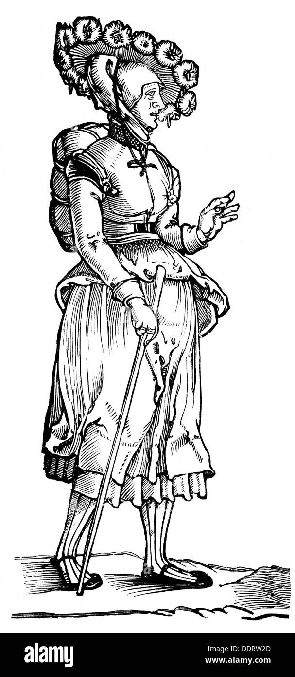 military, lansquenets, baggage, baggage woman, woodcut, Germany, 16th century, people, woman, women, costume, costumes, dress, dresses, hat, hats, stick, sticks, clothes, headpiece, headpieces, woodcut, woodcuts, historic, historical, female, Additional-Rights-Clearences-Not Available Stock Photo