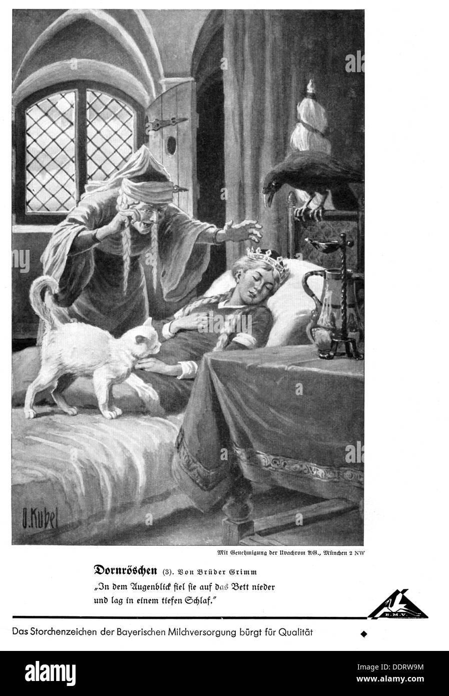 literature, fairy tales, Grimm Brothers, 'Sleeping Beauty', Sleeping Beauty falling asleep, illustration by Otto Kubel (1868 - 1951), from: 'Bilderatlas zu den bayerischen Lesebüchern' (Picture Atlas to the Bavarian Storybooks), fairy tales, editor: Bayerische Milchversorgung, Nuremberg, print: F.Bruckmann AG, Munich, late 1930s, Additional-Rights-Clearences-Not Available Stock Photo