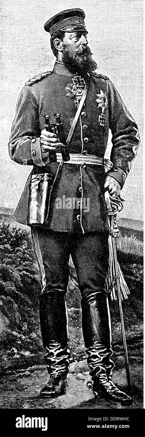 Frederick III, 18.10.1831 - 15.6.1888, German Emperor 9.3. - 15.6.1888, commanding general of the German 3rd Army 1870 - 1871, afield, full length, wood engraving after painting by Anton von Werner, circa 1885, Stock Photo