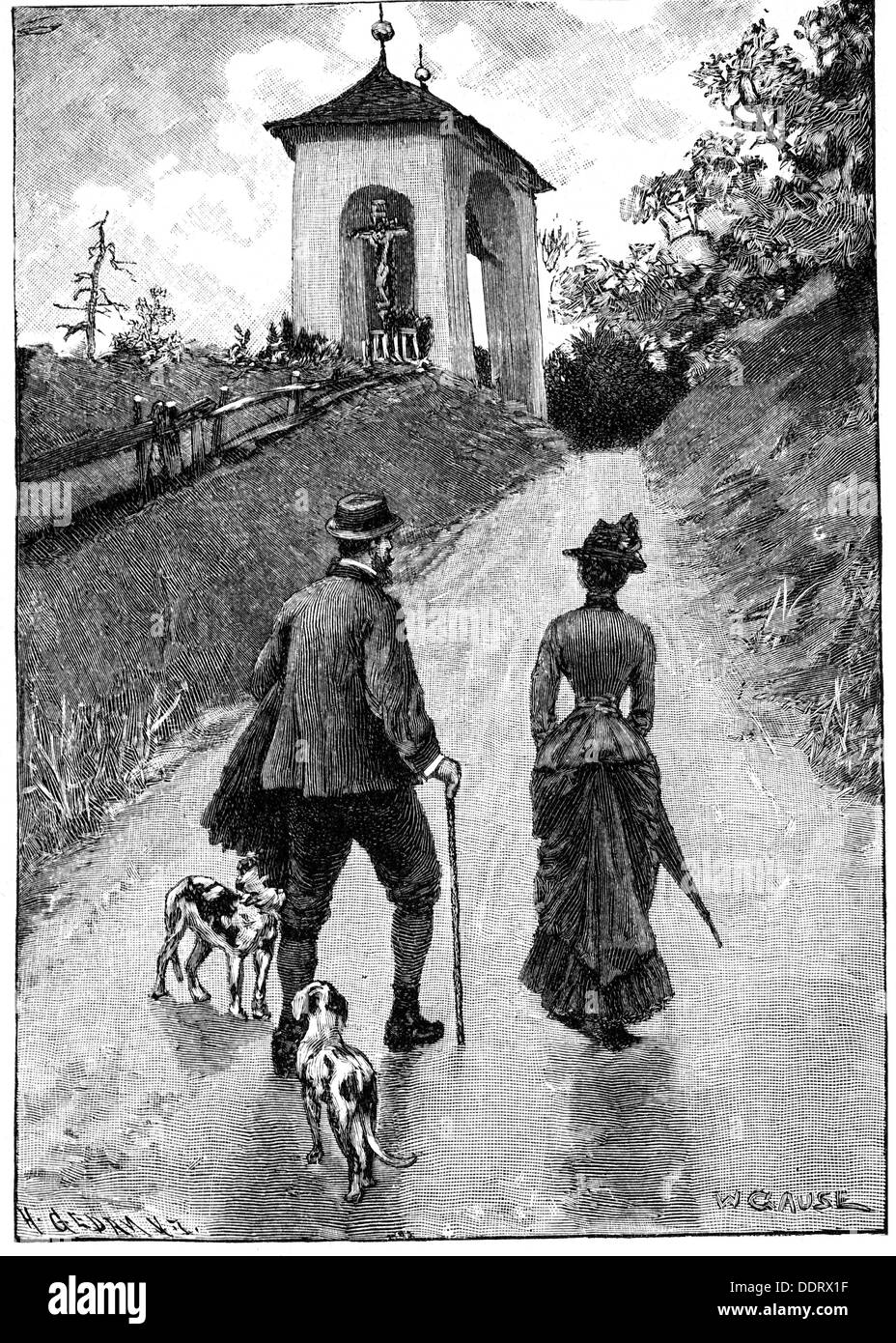 Frederick III, 18.10.1831 - 15.6.1888, German Emperor 9.3. - 15.6.1888, full length, with daughter Princess Victoria on the way to the Maximilian's Chapel near Toblach, Tyrol, September 1887, contemporary wood engraving, Stock Photo