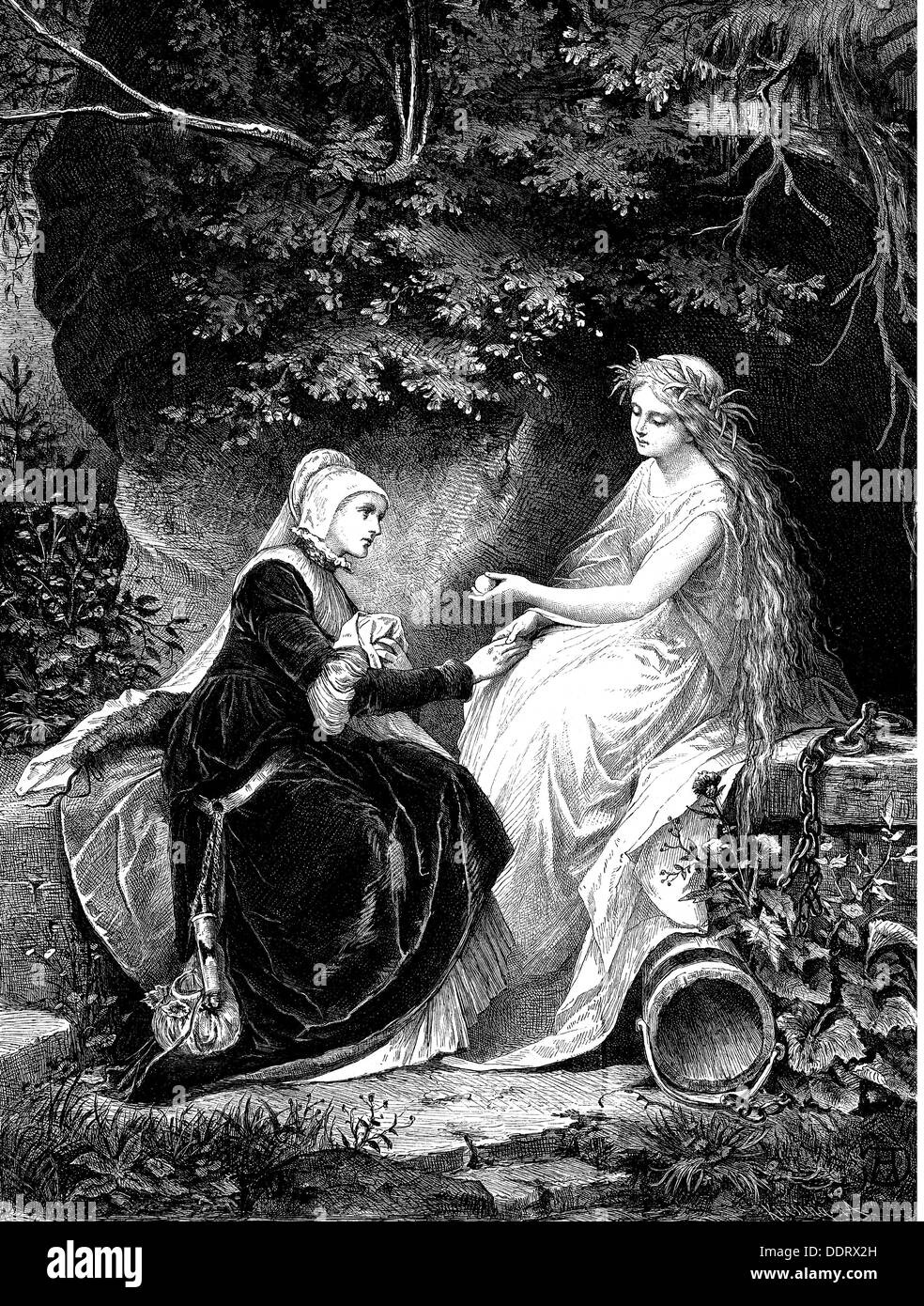 literature, fairy tales, 'The Nymph of the Fountain' by Johann Karl August Musäus (1735 - 1787), wood engraving by Adolf von Grundherr (1848 - 1902), 19th century, Additional-Rights-Clearences-Not Available Stock Photo