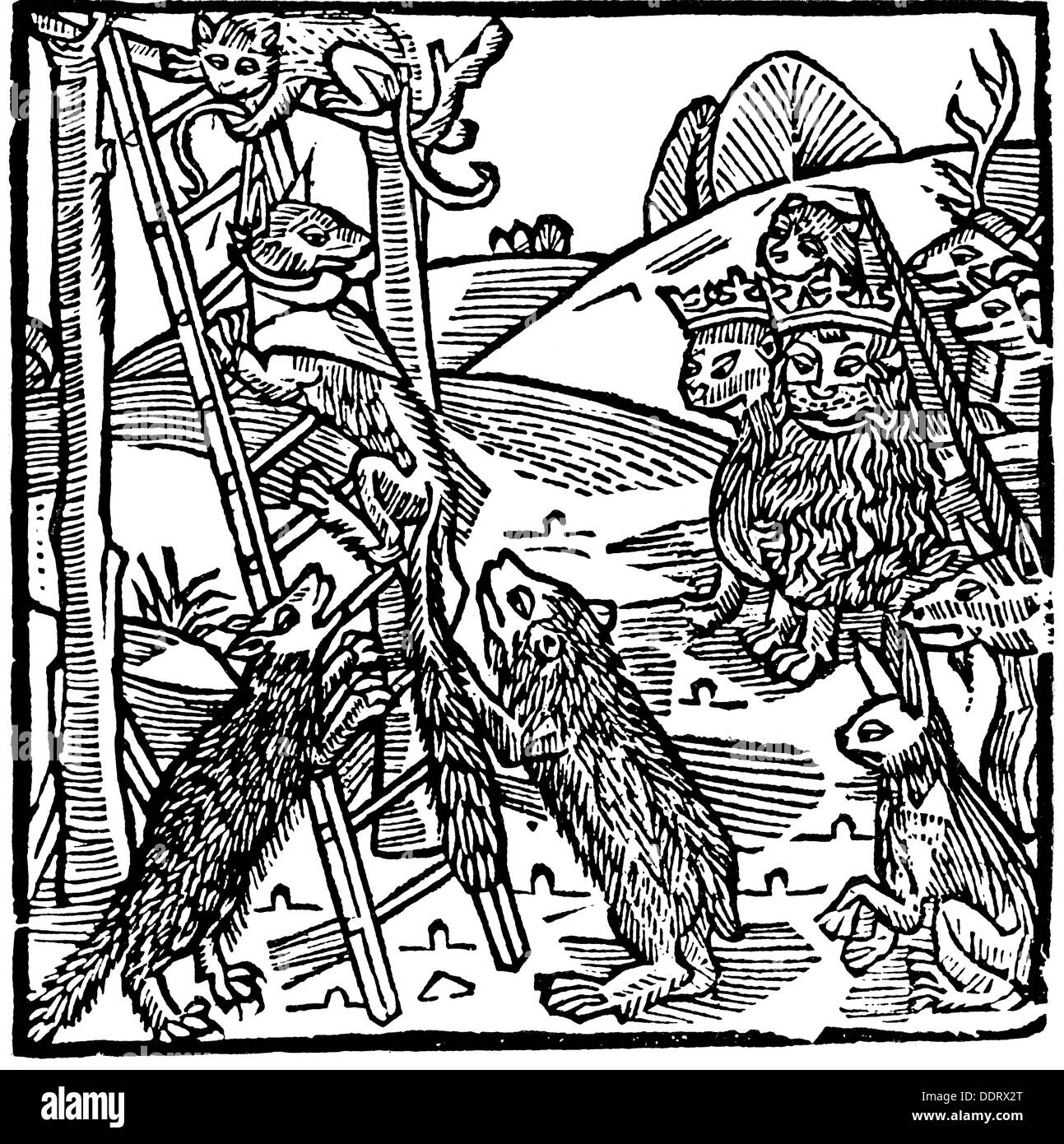 literature, Middle Ages, 'Reynke de Vos' (Reynke the Fox), fox shall be hanged on the gallow, woodcut, incunabula, print: Hans van Ghetelen (before 1480 - before 31.1.1528), Lübeck, Germany, 1498, Additional-Rights-Clearences-Not Available Stock Photo