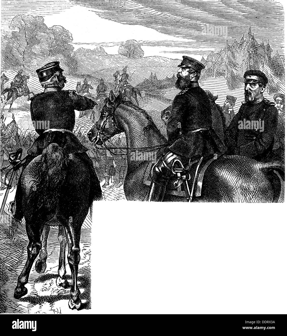 Frederick III, 18.10.1831 - 15.6.1888, German Emperor 9.3. - 15.6.1888, commanding general of the Prussian 2nd Army 1866, in the Battle of Koeniggraetz, 3.7.1866, contemporary wood engraving, Stock Photo