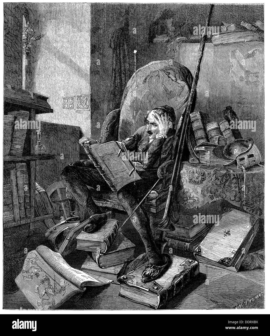 literature, Don Quixote, character of a novel by Miguel de Cervantes Saavedra (1547 - 1616), in his study, after painting by Adolf Schrödter (1805 - 1875), wood engraving by W.Thomas, 1861, Additional-Rights-Clearences-Not Available Stock Photo