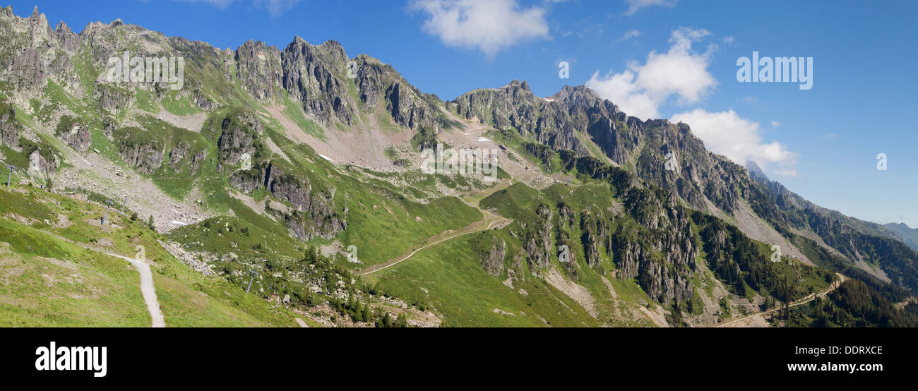 Panorama of the Aiguilles Rouges massif from Planpraz, Chamonix, France. Stock Photo