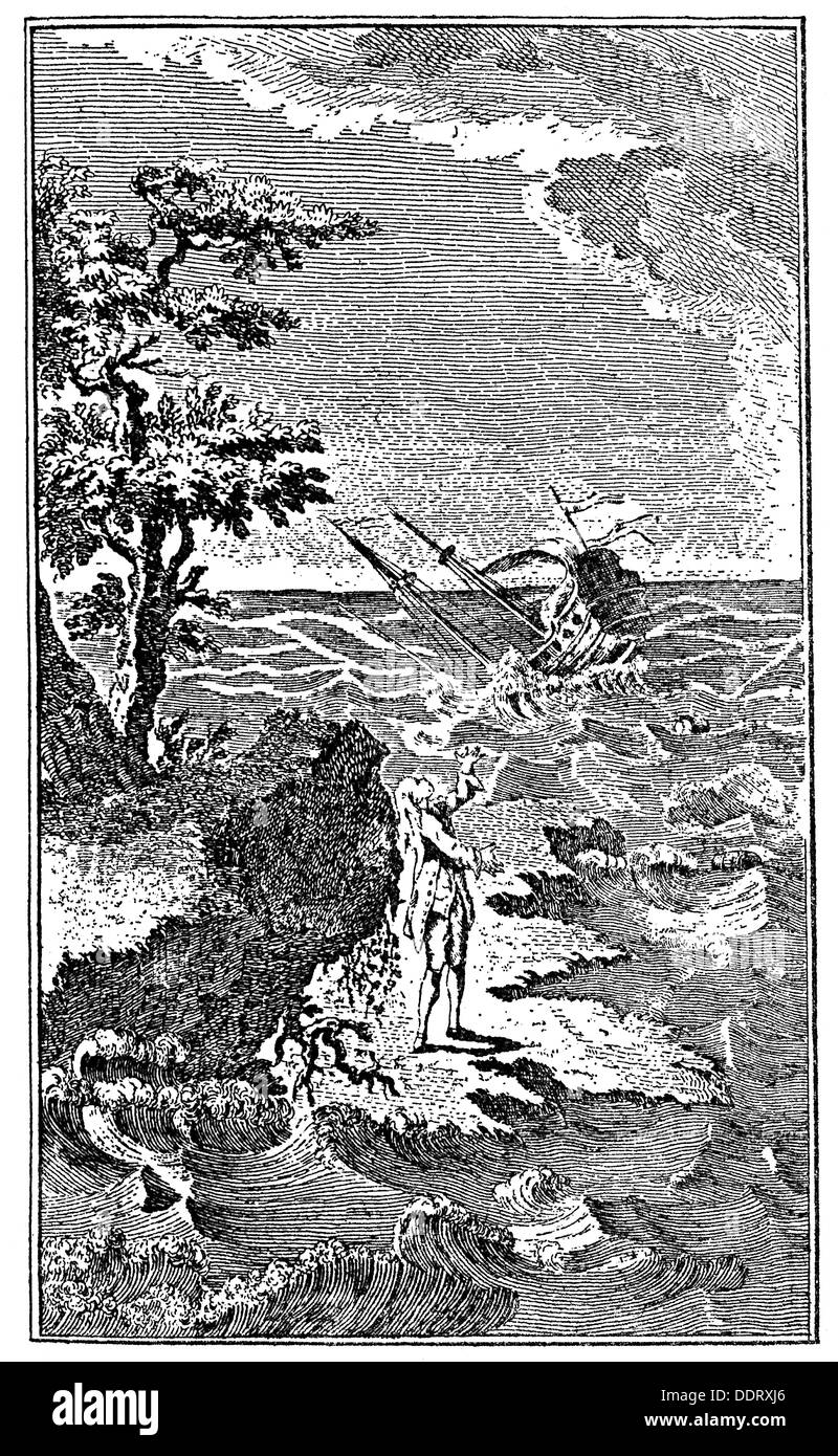 literature, Robinson Crusoe by Daniel Defoe (1660 - 1731), illustration, Robinson praying after his rescue from the storm, vignette, copper engraving from a French edition, 1768, Artist's Copyright has not to be cleared Stock Photo