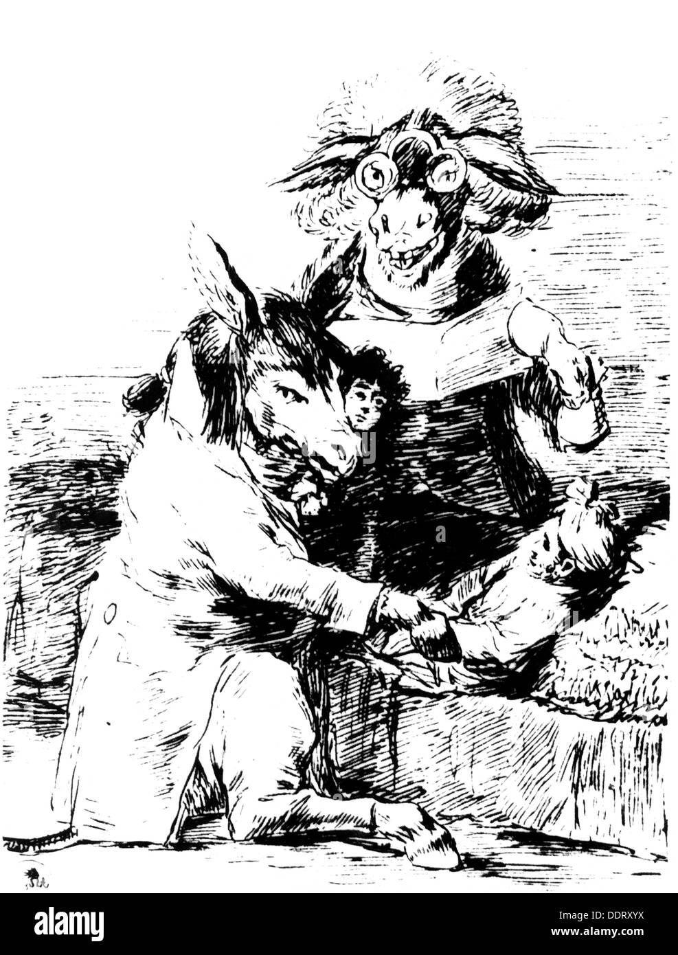 medicine, physicians, donkeys as medical doctors, by Francisco de Goya y Lucientes (1746 - 1828), etching, circa 1800, Additional-Rights-Clearences-Not Available Stock Photo