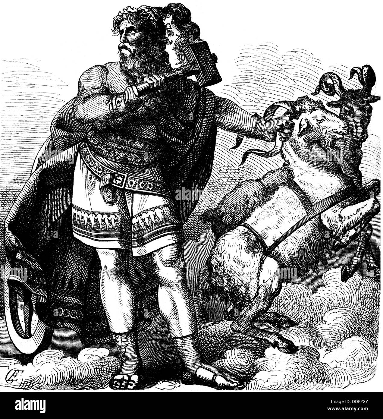 Thor (Donar), Germanic God of the thunder, with his chariot, wood engraving after drawing by Karl Ehrenberg, 19th century, Stock Photo