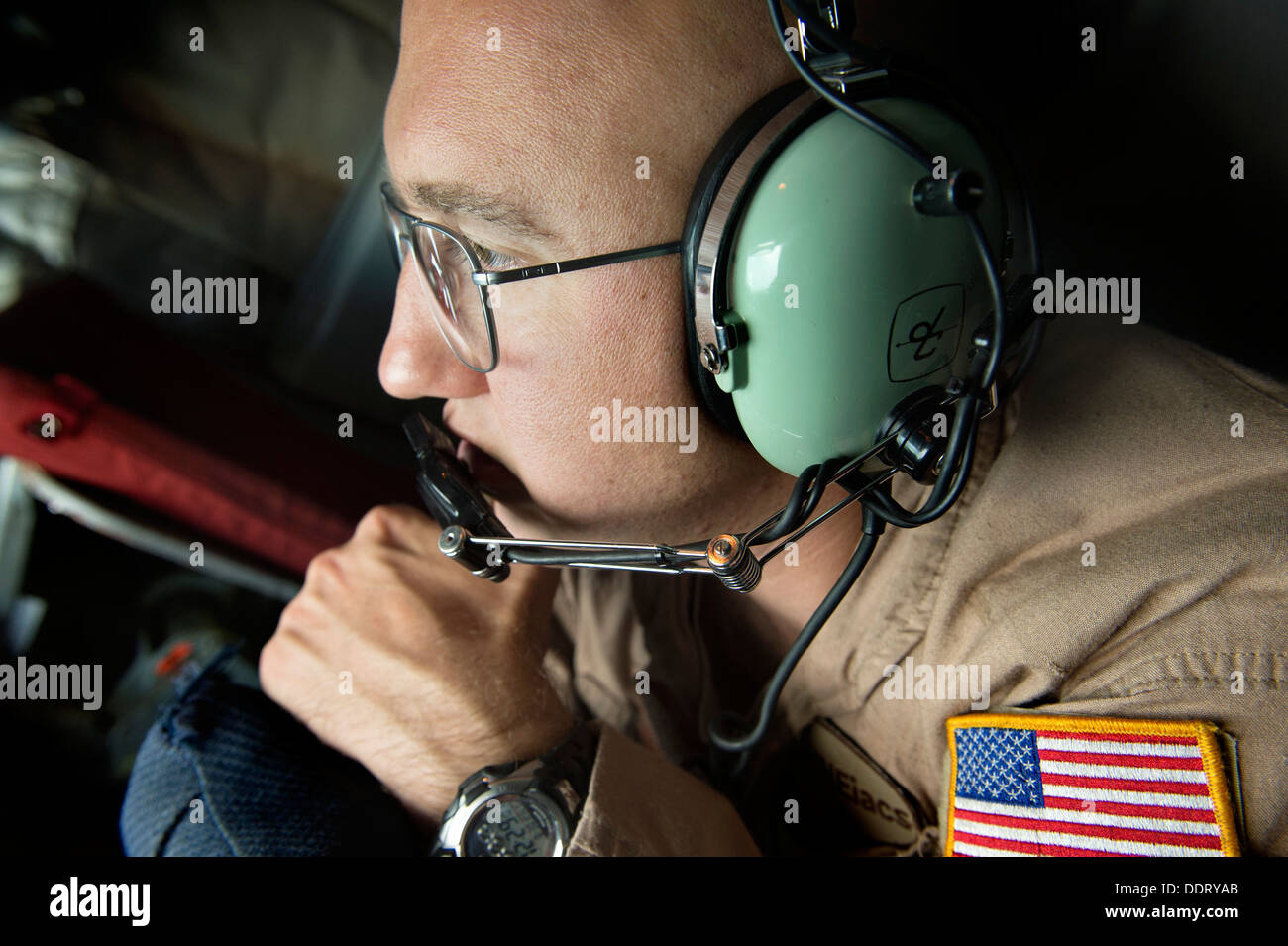 KC-135 boom operator, prepares for the next round of fighter aircraft requiring fuel during a mission over the Persian Gulf, Aug Stock Photo