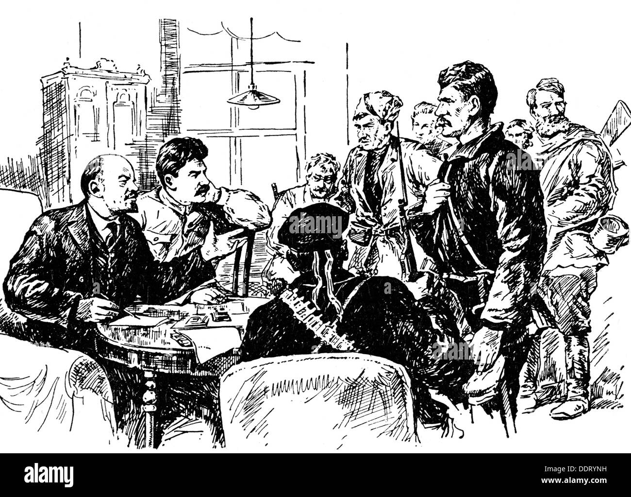 Lenin (Vladimir Ilyich Ulyanov), 22.4.1870 - 21.1.1924, Russian politician, with Joseph Stalin, at the Smolny Institute talking to Red Army soldiers, after drawing by P.Vassiliev, 20th century, Stock Photo