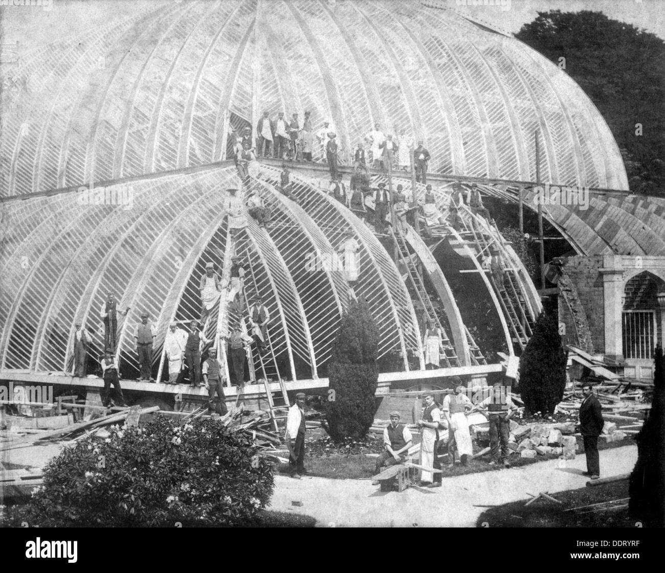 Making repairs to the Great Conservatory at Chatsworth, Derbyshire, late 19th century. Artist: Unknown Stock Photo