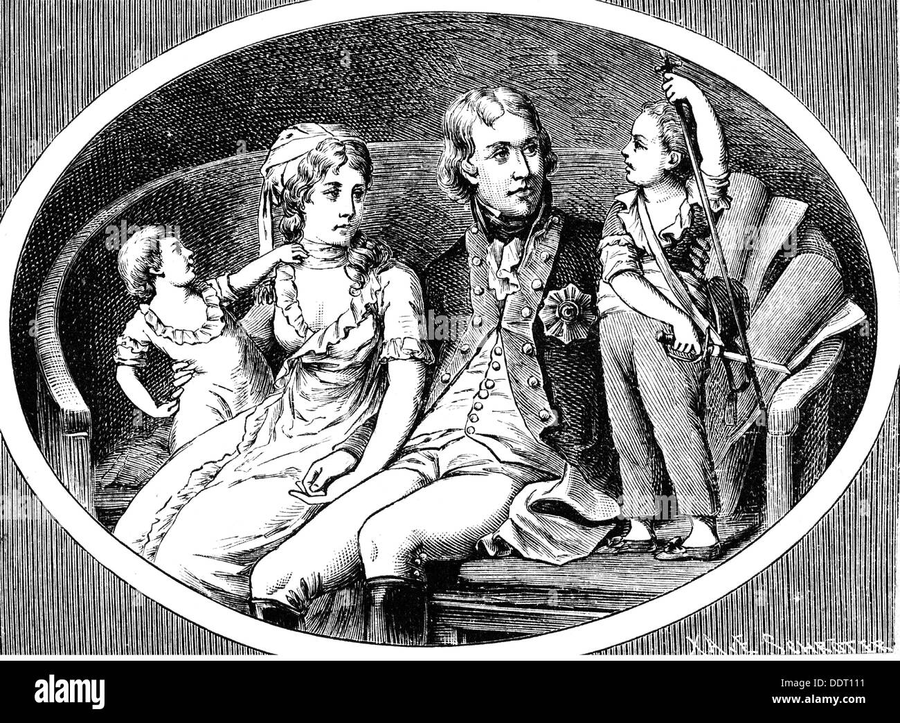 Frederick William III, 3.8. 1770 - 7.6.1840, King of Prussia 16.11.1797 - 7.6.1840, with wife Queen Louise and sons Crown Prince Frederick William (IV and Prince William (), copper engraving by Eberhard Siegfried Henne, 1799, Artist's Copyright has not to be cleared Stock Photo