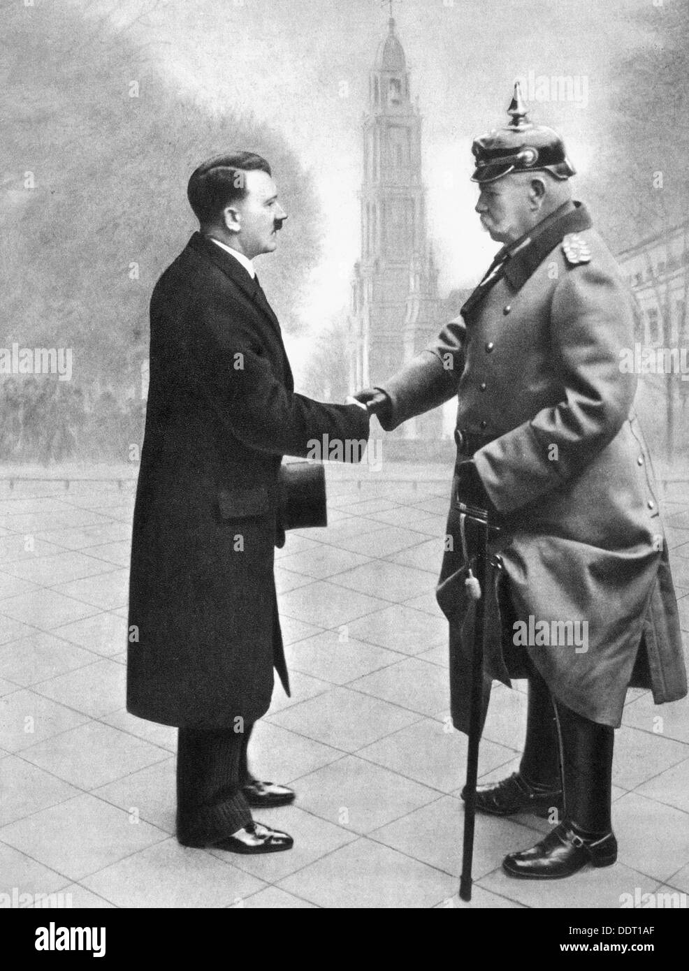 Adolf Hitler shaking hands with President von Hindenburg, Germany, 1933. Artist: Unknown Stock Photo