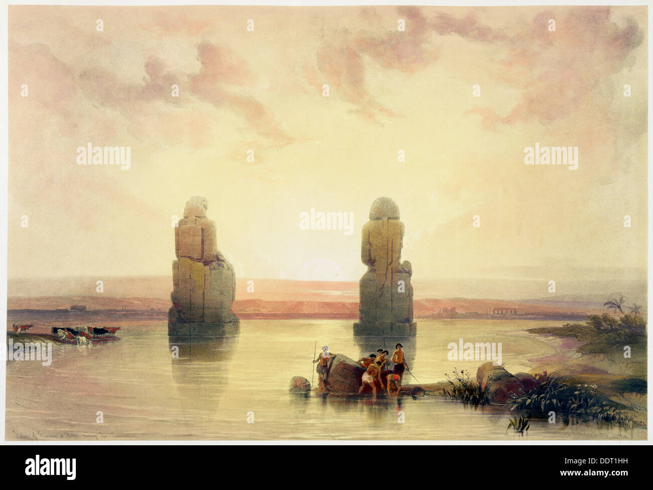 'The Colossi of Memnon, at Thebes, during the Inundation', Egypt, c1845. Artist: David Roberts Stock Photo