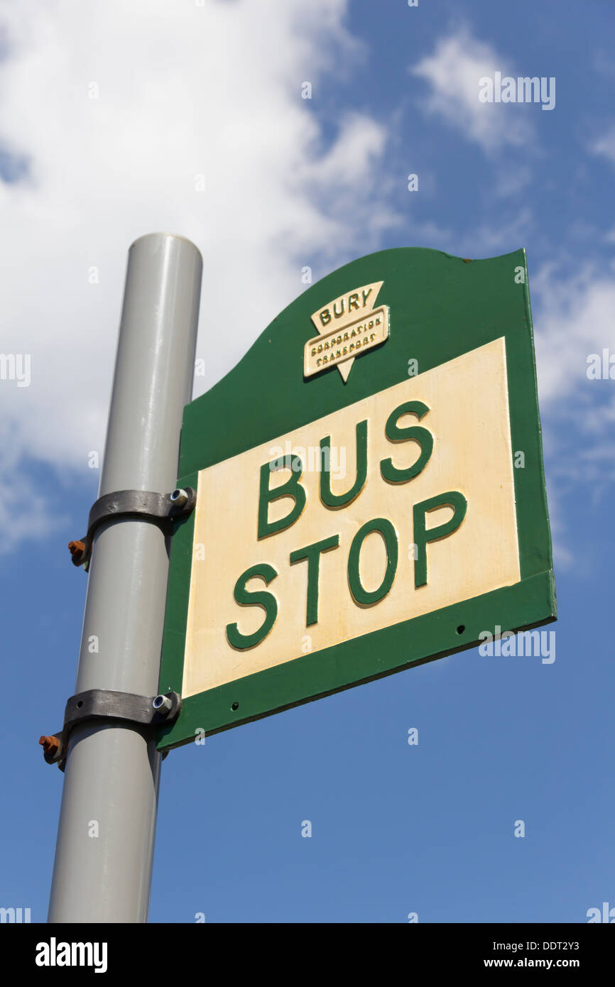 Bury Corporation Transport bus stop at the Bury Transport museum, Castlecroft Road, Lancashire, England. Stock Photo