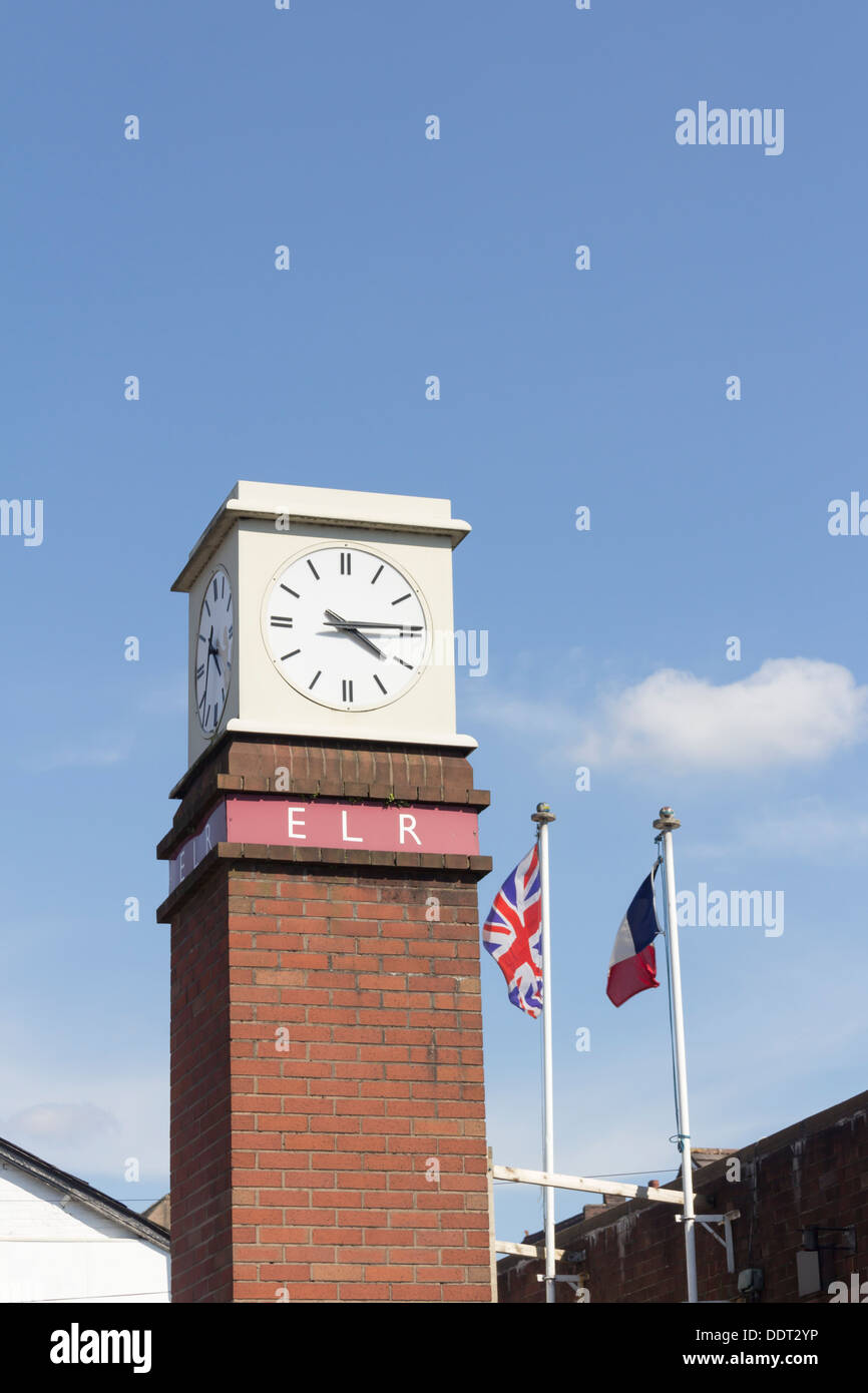 The clock tower on the railway station building of the East Lancashire