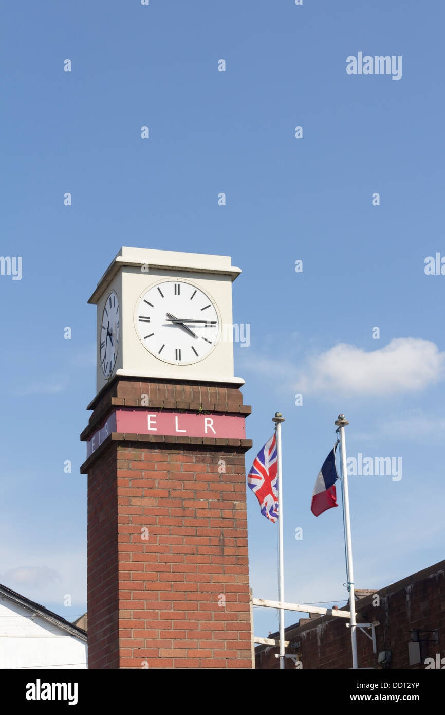 The clock tower on the railway station building of the East Lancashire Railway (ELR), Bolton Street, Bury. Stock Photo