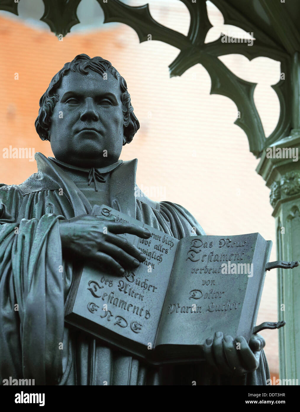 The monument for Martin Luther is pictured in Wittenberg, Germany, 02 September 2013. In this city, in 1517, the German reformer Martin Luther (1483-1546) posted his 95 his theses against the selling of indulgences at the door of the All Saints' Church. Photo: JENS WOLF Stock Photo