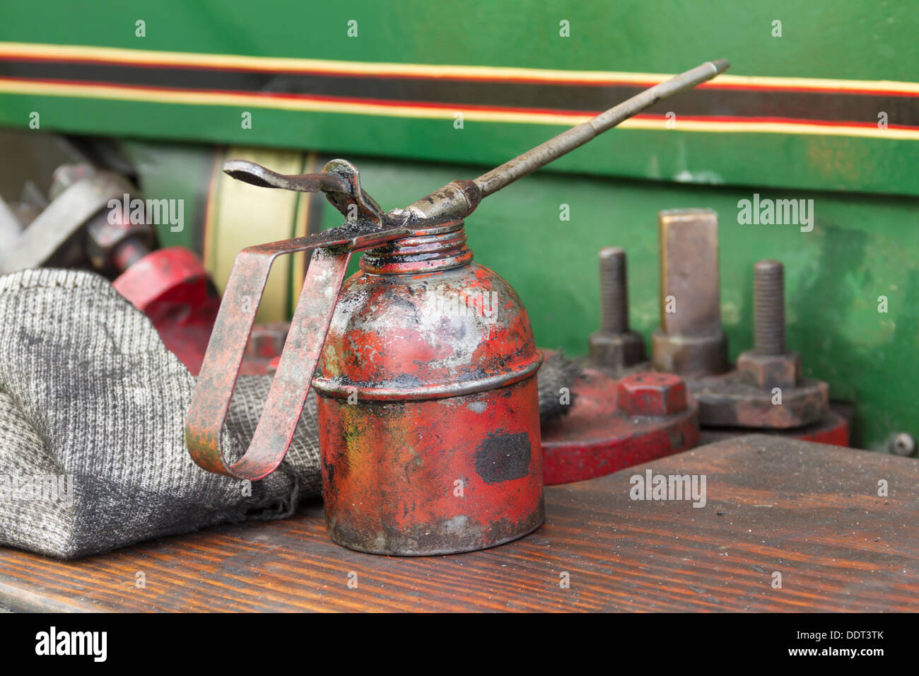 Oily can and oily rag on an unidentified steam traction engine in England. Stock Photo