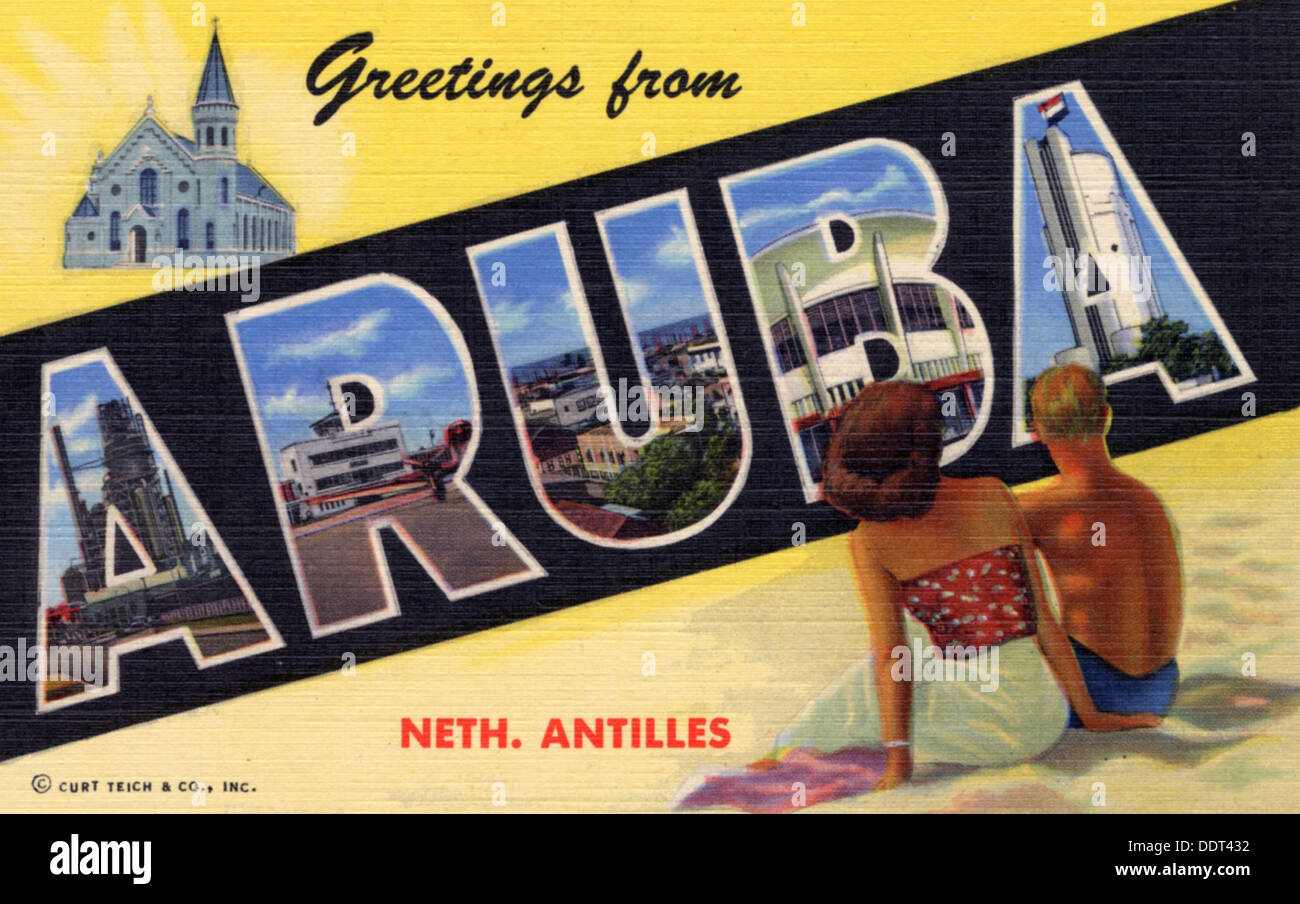 'Greetings from Aruba, Netherlands Antilles, postcard, 1950. Artist: Unknown Stock Photo