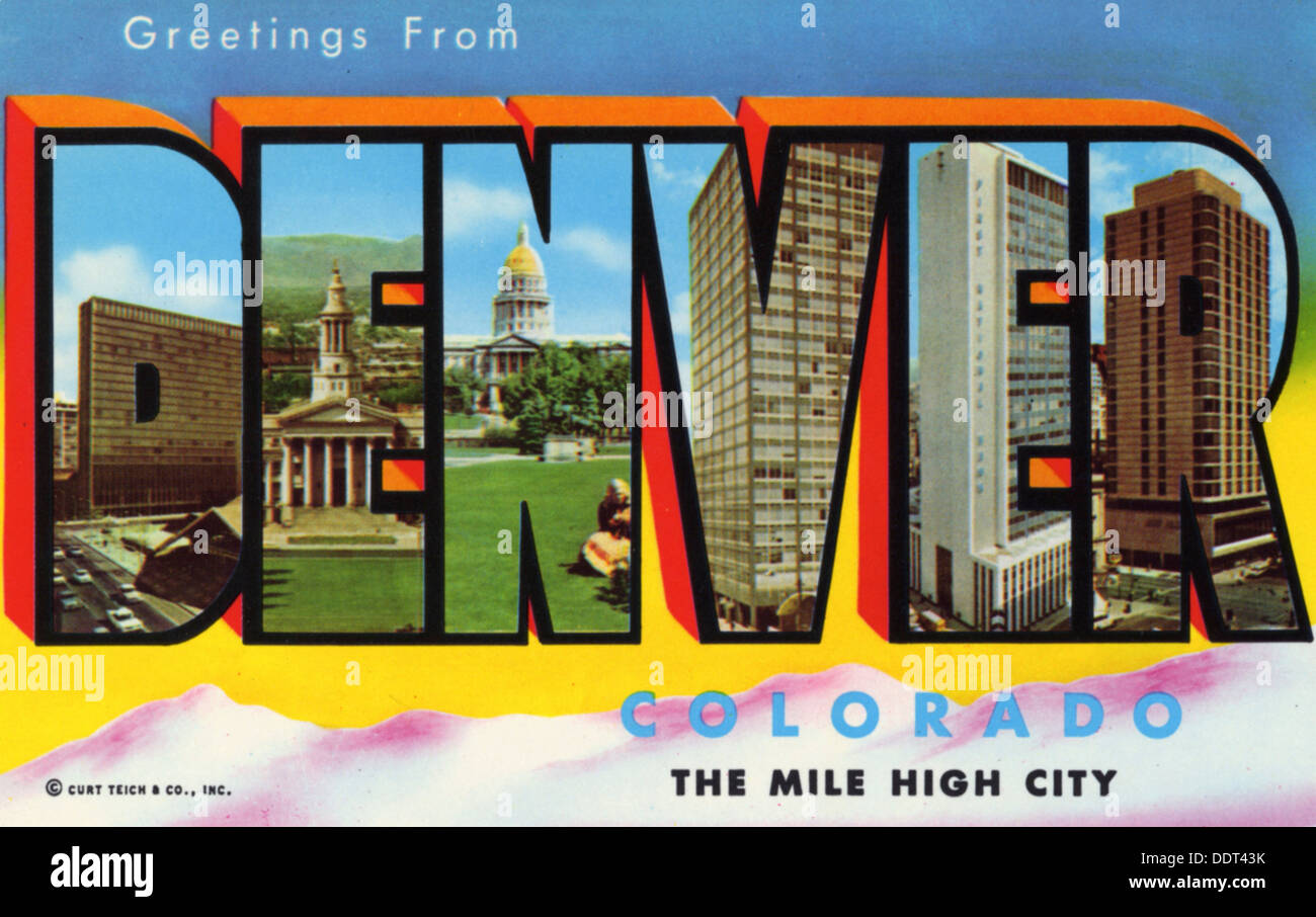 'Greetings from Denver, Colorado, the Mile High City', postcard, 1961