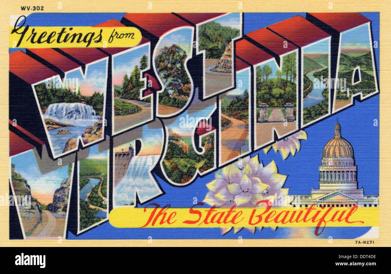 'Greetings from West Virginia, the State Beautiful', postcard, 1937