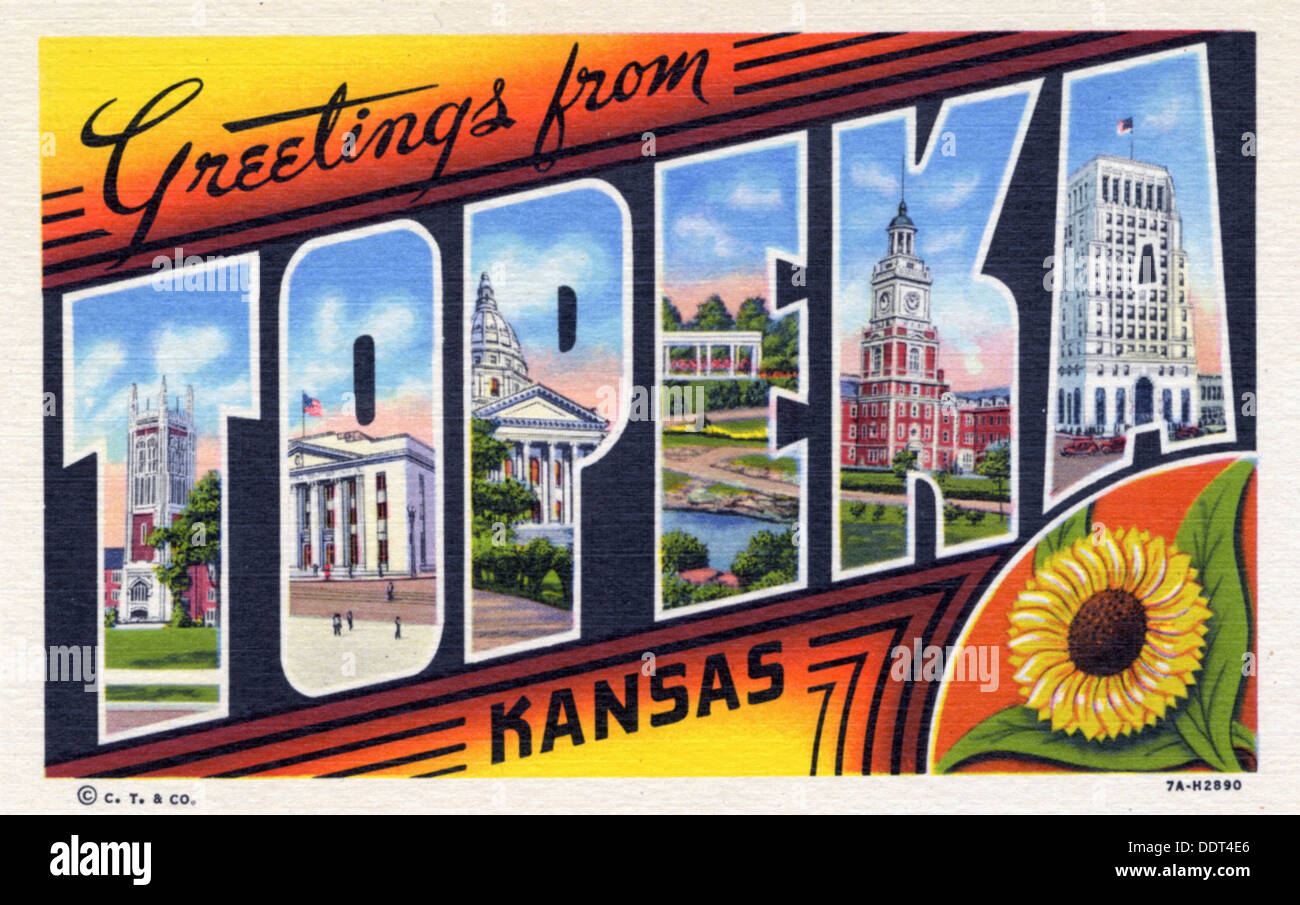 'Greetings from Topeka, Kansas', postcard, 1937. Artist Unknown Stock