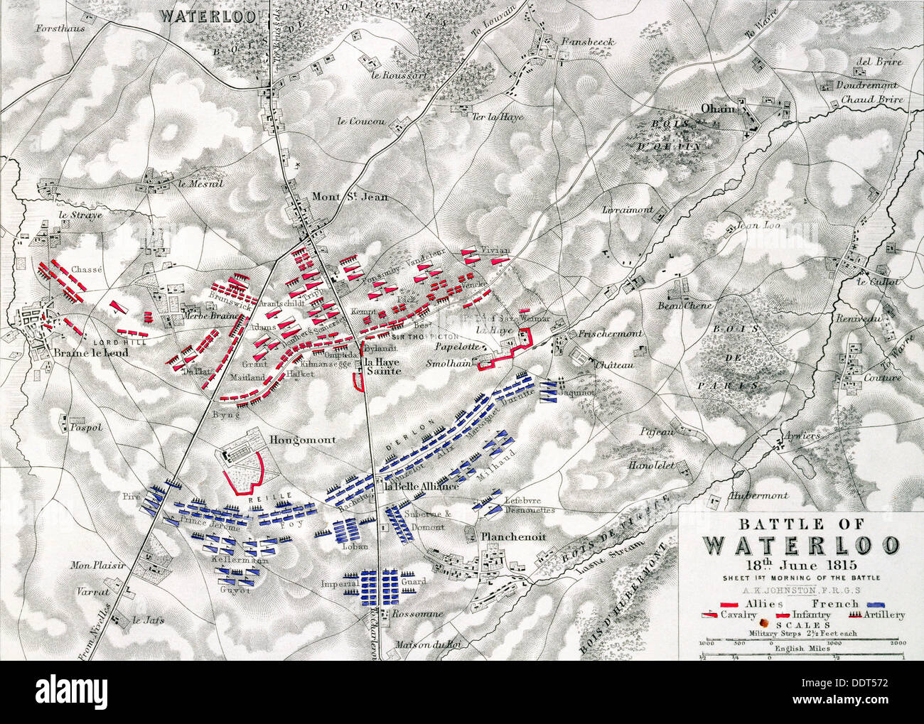 Map of the Battle of Waterloo, 18th June 1815 (19th century). Artist: Alexander Keith Johnston Stock Photo