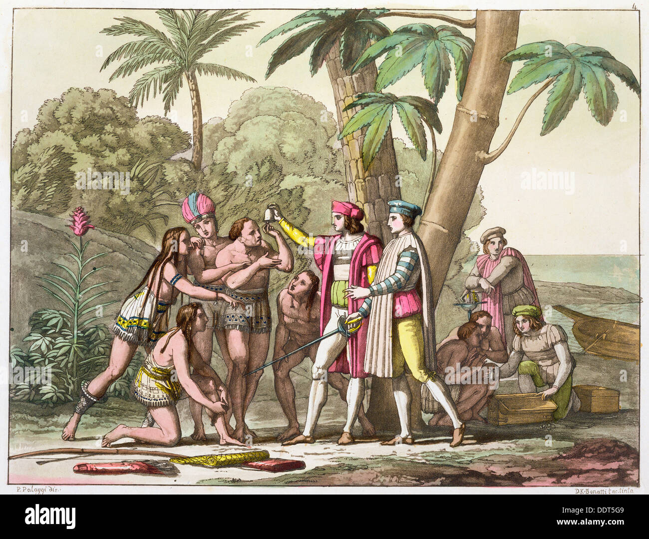 Christopher Columbus with Native Americans, 1492-1503 (c1820-1839). Artist: DK Bonatti Stock Photo