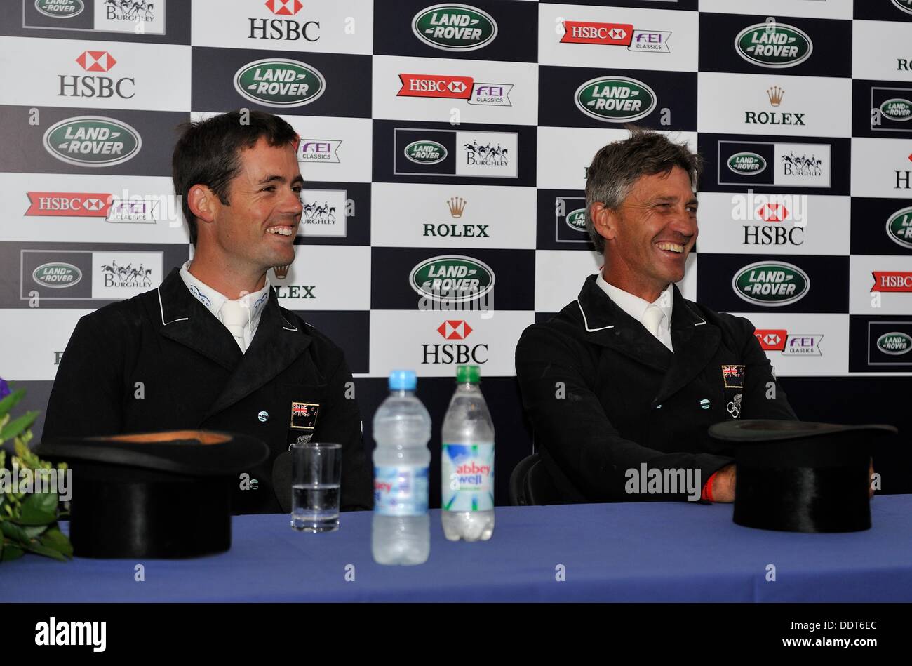 Burghley Horse Trials, Stamford, Lincolnshire, UK. 6th September 2013.  Jonathan Paget [NZL] & Andrew Nicholson [NZL] share a joke at the press conference after the  second day of The 2013 Land Rover Burghley Horse Trials.  Paget is in first place and Nicholson third going into Saturday's cross country phase. The Land Rover Burghley Horse Trials take place between 5th - 8th September at Burghley House, Stamford. Stephen Bartholomew/Stephen Bartholomew Photography/Alamy Live News Stock Photo